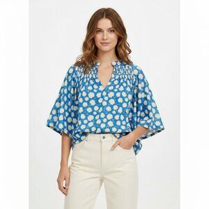 WARM NYC Dakar Tassel Top Cotton Blue & Cream Dot Print XS